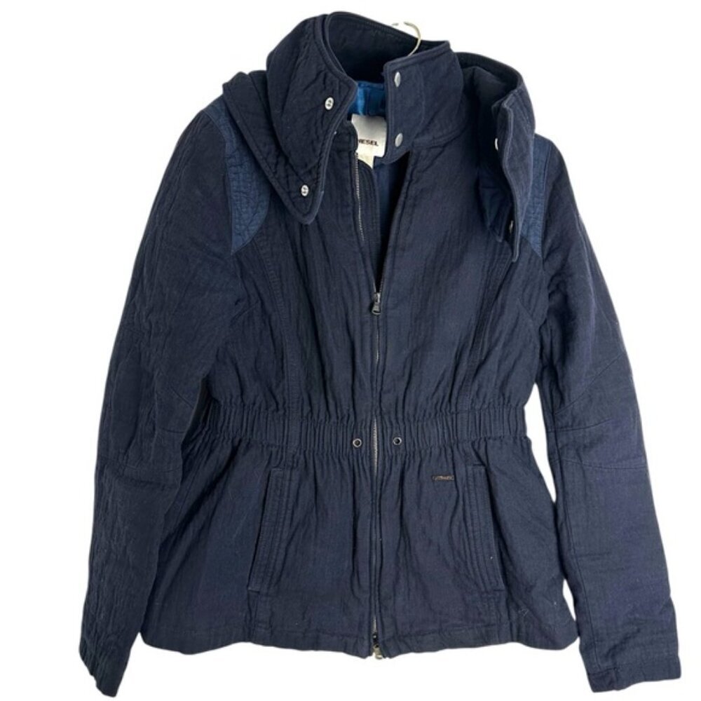 RARE Vintage 90s Diesel women’s moto cotton denim blue quilt parka coat jacket S - Picture 5 of 13